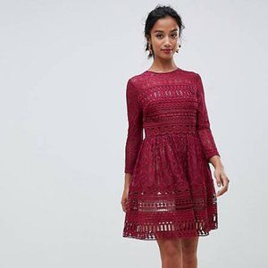 ASOS Design Premium Lace Mini Skater Dress in Oxblood